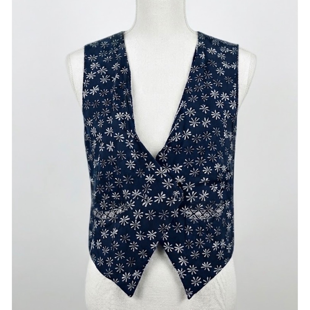 100% Rayon Star Floral Print Asymmetrical Vest L 90s Boho Hippie Indie Sleaze